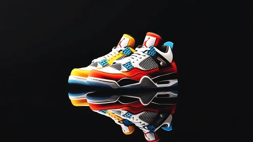 Photorealistic color-block sneakers on reflective black ground.