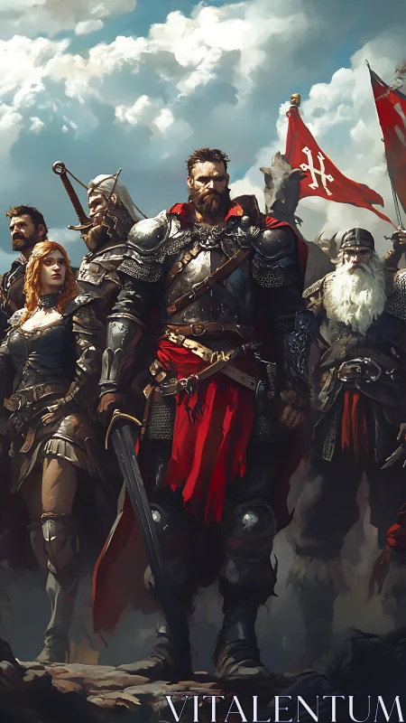 Stalwart medieval heroes rally beneath bright crimson banners.