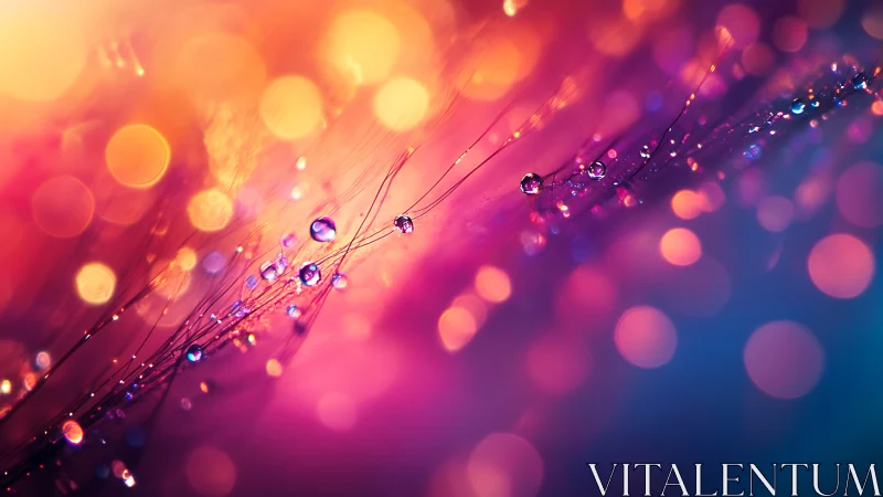 Iridescent water droplets glow within dreamy neon bokeh light