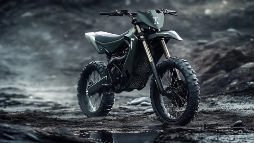 Matte black off road motorcycle on rugged wet terrain.