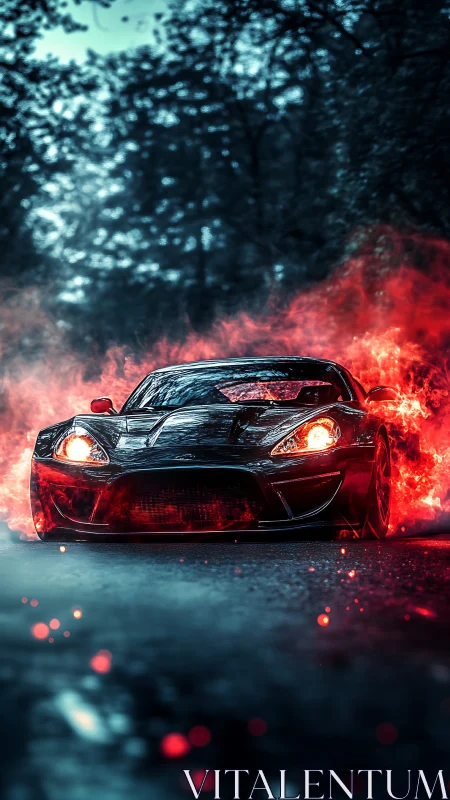 Sports car framed in red flames on dark forest road.