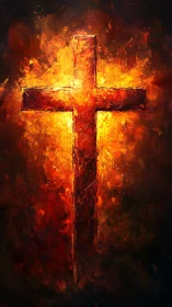 Burning cross glows against dark background in vivid strokes