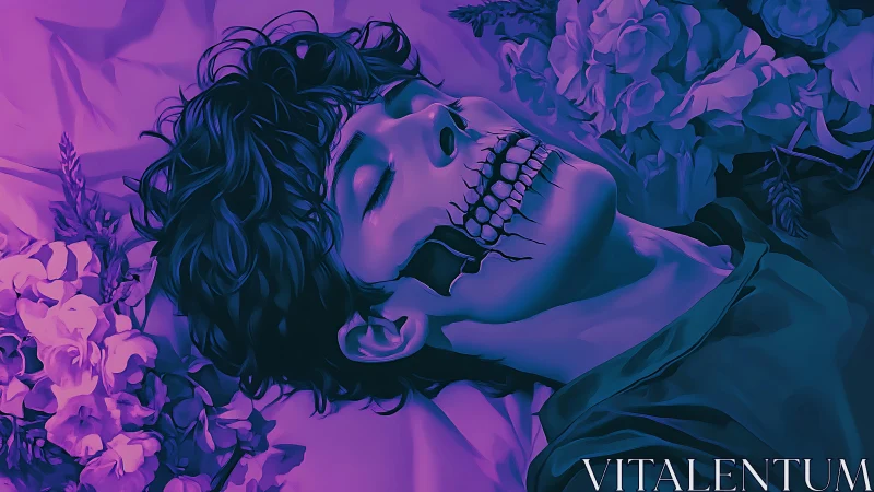 Sleeping youth with skeletal smile amid violet flowers