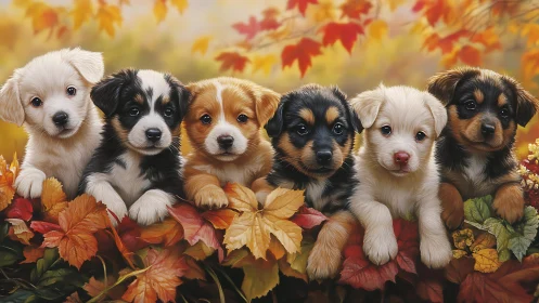 Six autumn puppies resting among colorful fallen leaves.