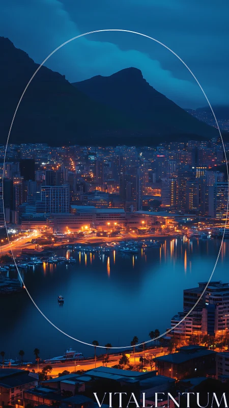 Harbor city at dusk with neon oval light trace framing skyline.
