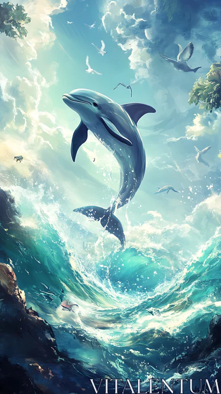 Dolphin leaping through dynamic turquoise ocean waves.