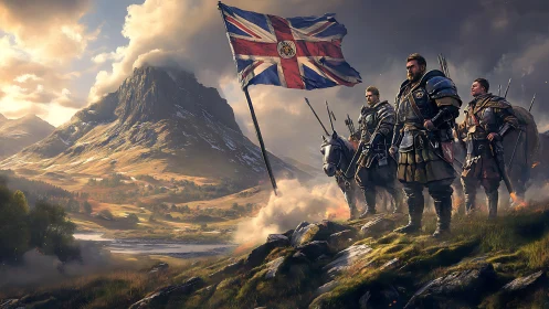 Concept art of armored banner-bearers on windswept highland ridge.