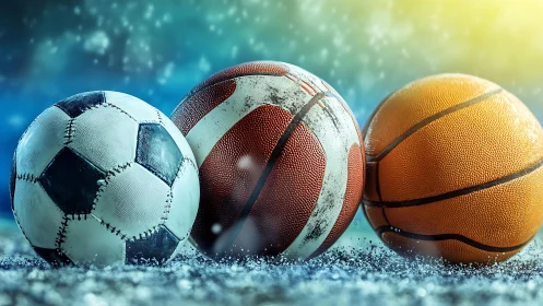 Close-up sports balls on frosty turf under dramatic backlight