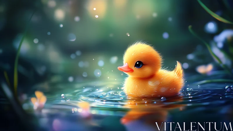 Fluffy duckling drifts through glowing forest pond at dusk