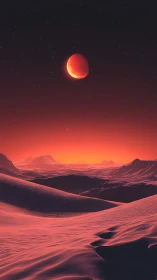 Crimson alien dunes under eclipsed glowing red moon.