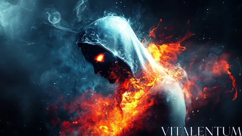 Hooded spectral figure rendered in high-contrast fire and vapor dynamics