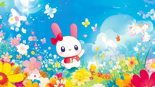 Cute bunny character under bright floral spring sky.