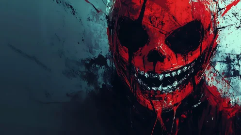 Aggressively rendered red skull portrait with chaotic painterly strokes