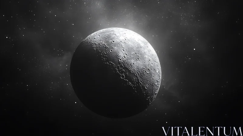 Crescent moon close-up in deep monochrome space field.