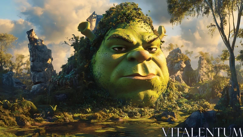 Colossal green ogre head sculpted into lush rocky hillside.