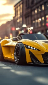 Yellow low-slung hypercar with aero kit on blurred city street