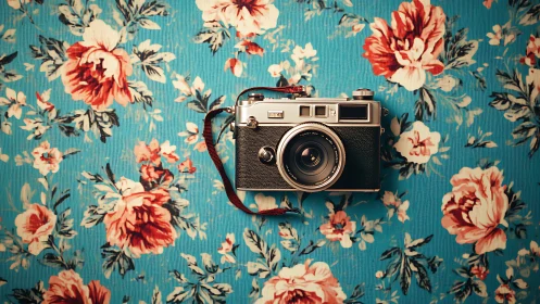 Vintage rangefinder camera on teal floral patterned backdrop