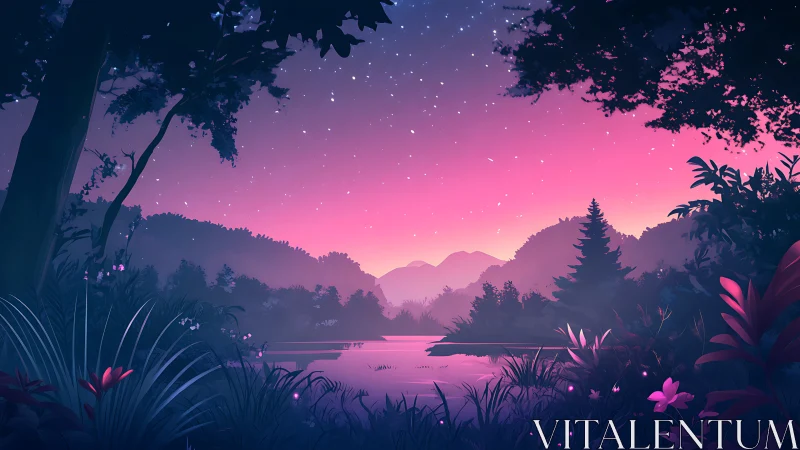 Twilight river landscape under starry gradient sky.