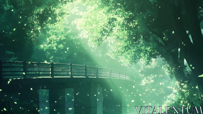 Sunlit forest bridge spans reflective stream in softly diffused light