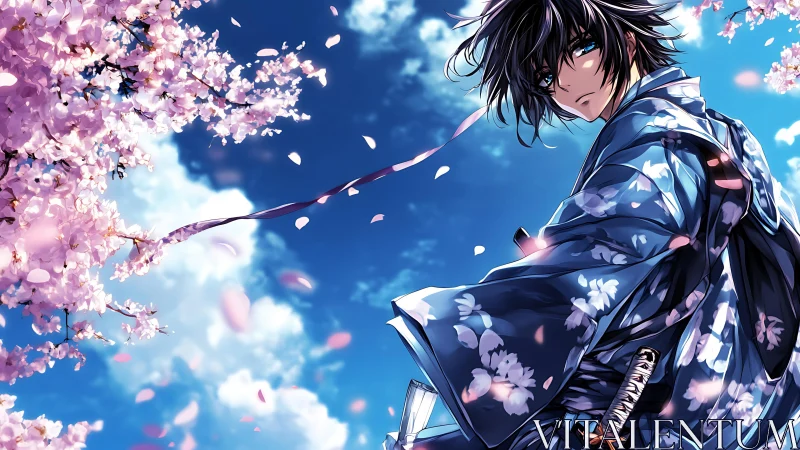 Samurai youth stands beneath cherry blossoms in bright sky