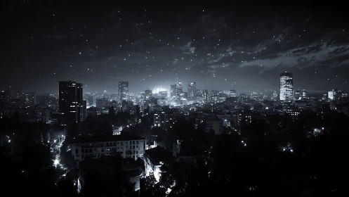 Monochrome nocturnal skyline under diffuse stellar scatterfield.