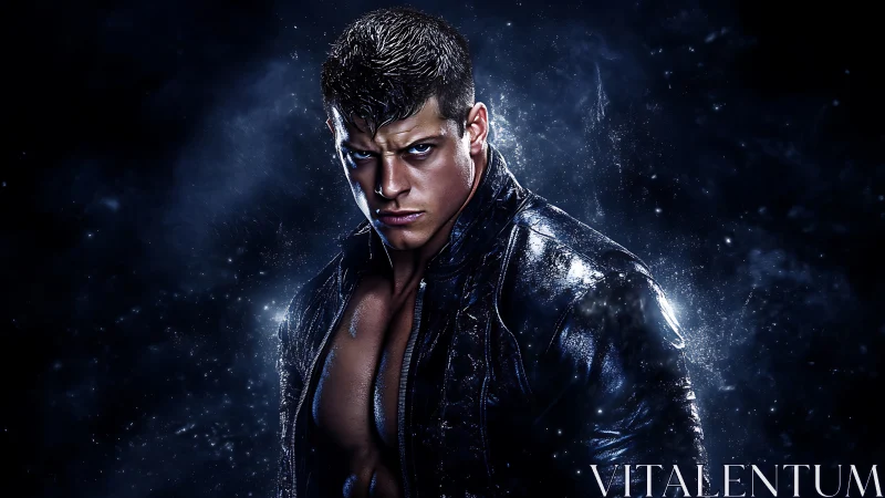 Moody portrait of intense man in glossy leather jacket.