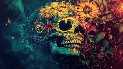Floral skull glows in neon hues, merging death with wild growth