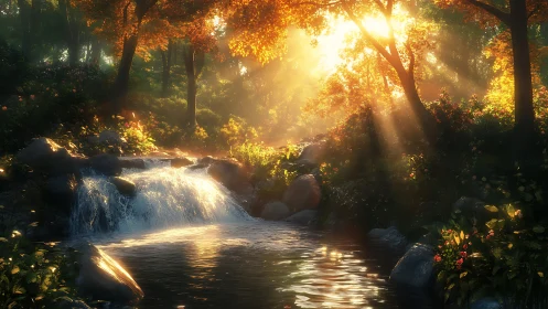 Forest stream with small waterfall under strong sunlight.