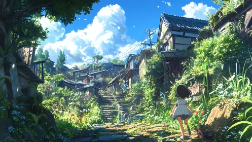 Sunlit stone stairs carry a small dreamer into skybound summer