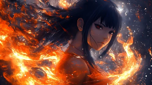 Fiery-eyed anime girl surrounded by swirling orange flames.