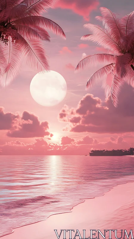 Digital pink seascape with lunar horizon and palm framing.