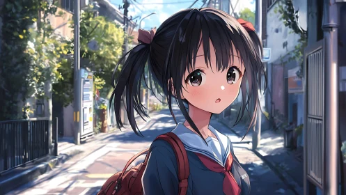 Anime schoolgirl in sunlit urban alleyway, soft-lit composition.
