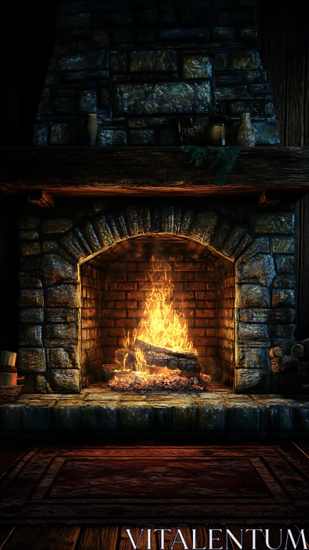 Cozy Fireplace with Dancing Flames and Rustic Stone