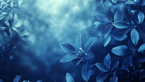 Dreamy Blue Botanical Background with Soft Lighting Effects.