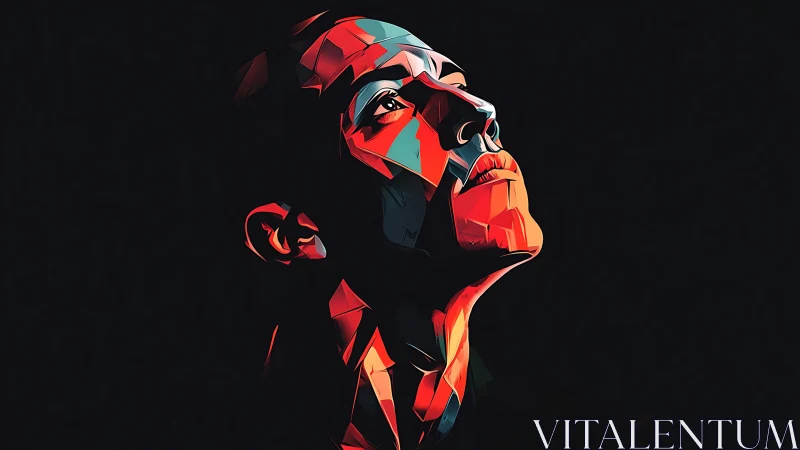 Geometric portrait of person gazing upward in darkness.