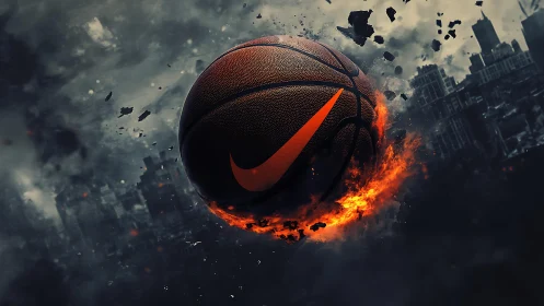 Fiery city slam: basketball streaking through stormy sky.