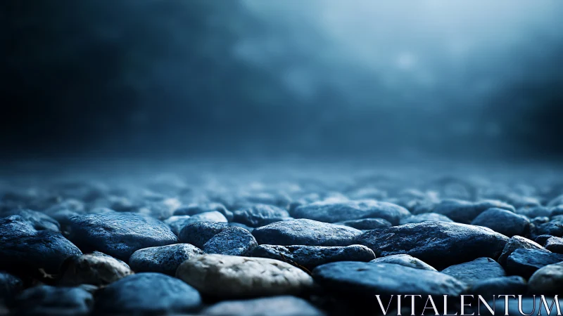 Moody river stones in blue mist with shallow focus.
