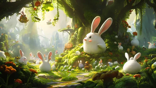 Sunlit forest bunnies gather in lush glowing clearing.