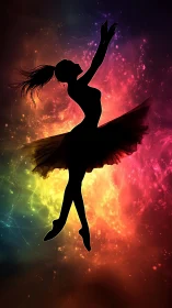 Silhouetted ballet dancer posed against multicolor nebula field