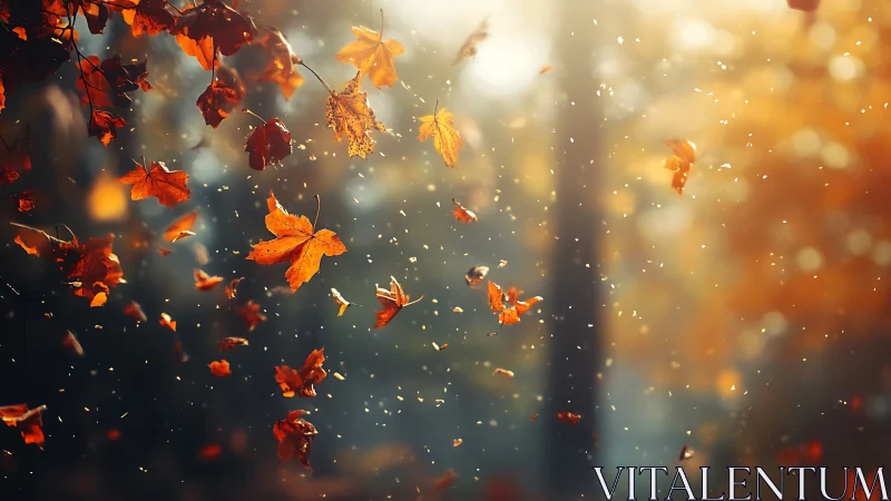 Autumn maple leaves swirling through glowing forest light.