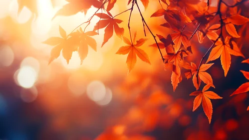 Golden autumn maple leaves glow softly in warm evening light