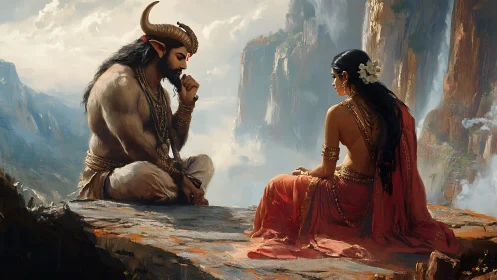 Horned humanoid and woman converse on misty cliffside.