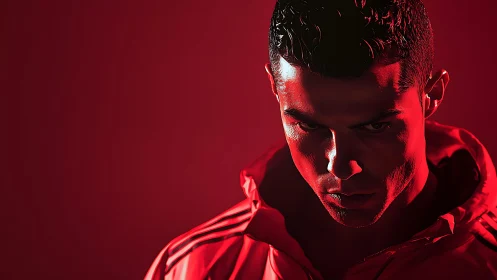 Moody red portrait of focused male athlete in jacket.
