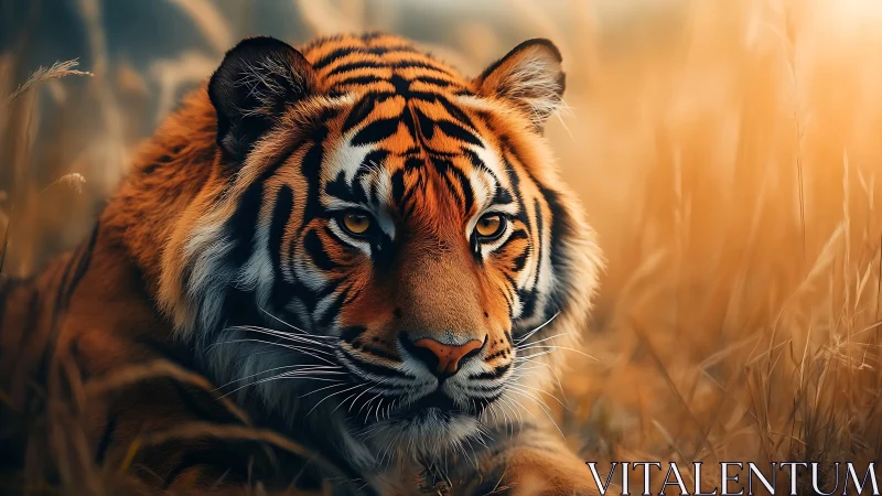 Gentle sunset tiger resting softly in glowing grasslands.