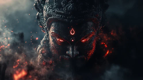 Mythic stone deity face with glowing red eyes in smoke.