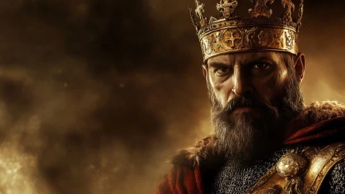Steel-crowned medieval king stares through smoky golden dusk