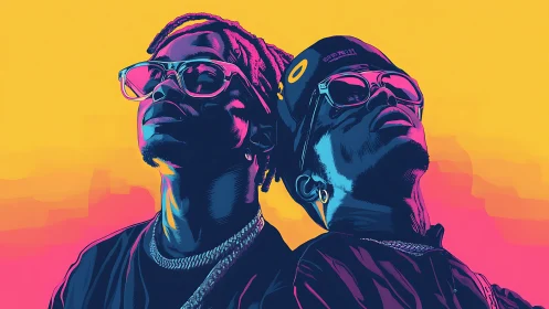 Dual neon portraits of two men in stylized profile view.