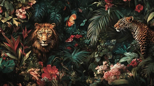 Exotic Wildlife Amid Floral Abundance: Lion and Leopard in Tropical Garden