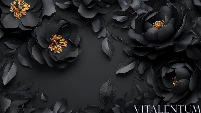 Black Peonies with Gold Stamens: Luxury Floral 3D Rendering.