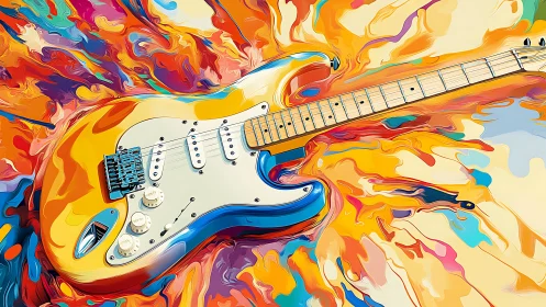 Electric guitar is depicted over fluid multicolor background